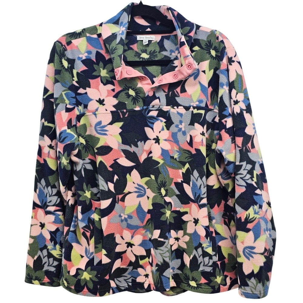 Vera Bradley Floral Fleece Pullover‎ Mock Neck Snap Jacket Navy Pink XL